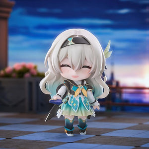 Diorama view of Firefly Nendoroid figure with smiling face plate holding budget accessory