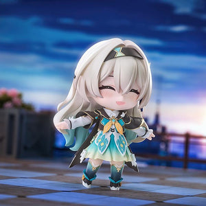 Diorama view of Firefly Nendoroid figure with smiling face plate posing with open arm