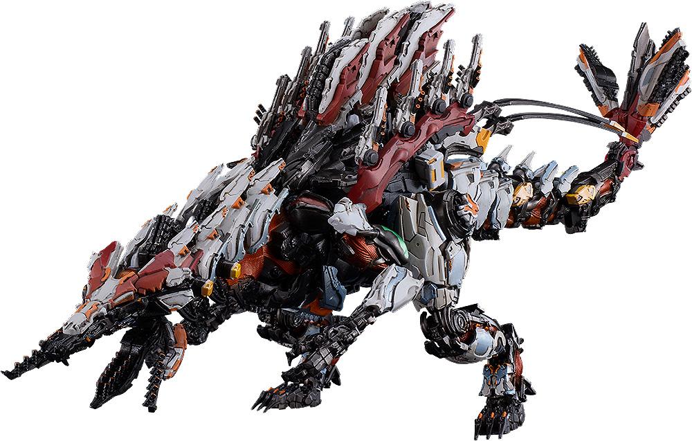 Side view of the MODEROID Slaughterspine plastic model kit from Horizon Forbidden West, showing the intricate mechanical details and 390mm long body.