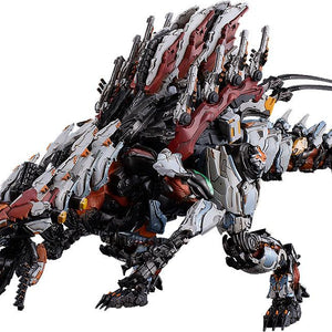 Side view of the MODEROID Slaughterspine plastic model kit from Horizon Forbidden West, showing the intricate mechanical details and 390mm long body.