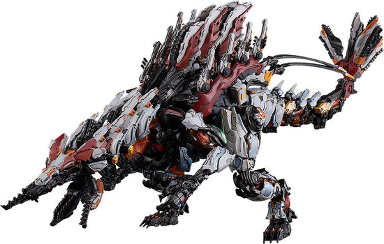 Side view of the MODEROID Slaughterspine plastic model kit from Horizon Forbidden West, showing the intricate mechanical details and 390mm long body.