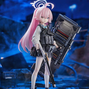 Blue Archive Hoshino Battle version figure standing on a cracked pavement base in a dark, atmospheric battlefield setting.