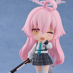 Full body view of the Hoshino Takanashi Nendoroid action figure in her Abydos High School uniform with a pink halo.