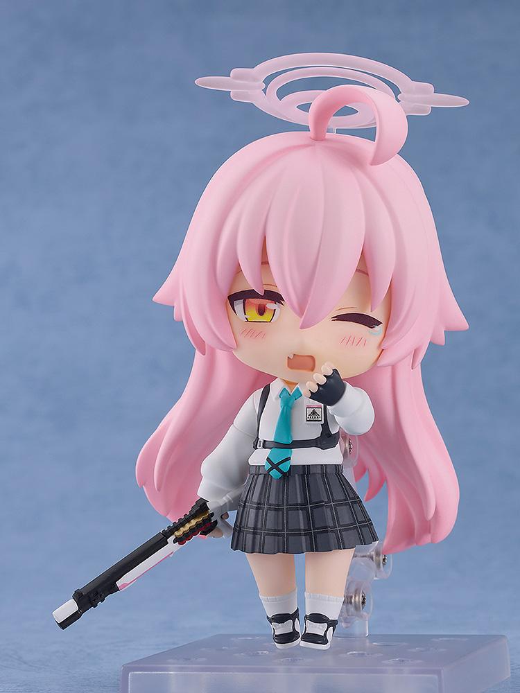 Full body view of the Hoshino Takanashi Nendoroid action figure in her Abydos High School uniform with a pink halo.