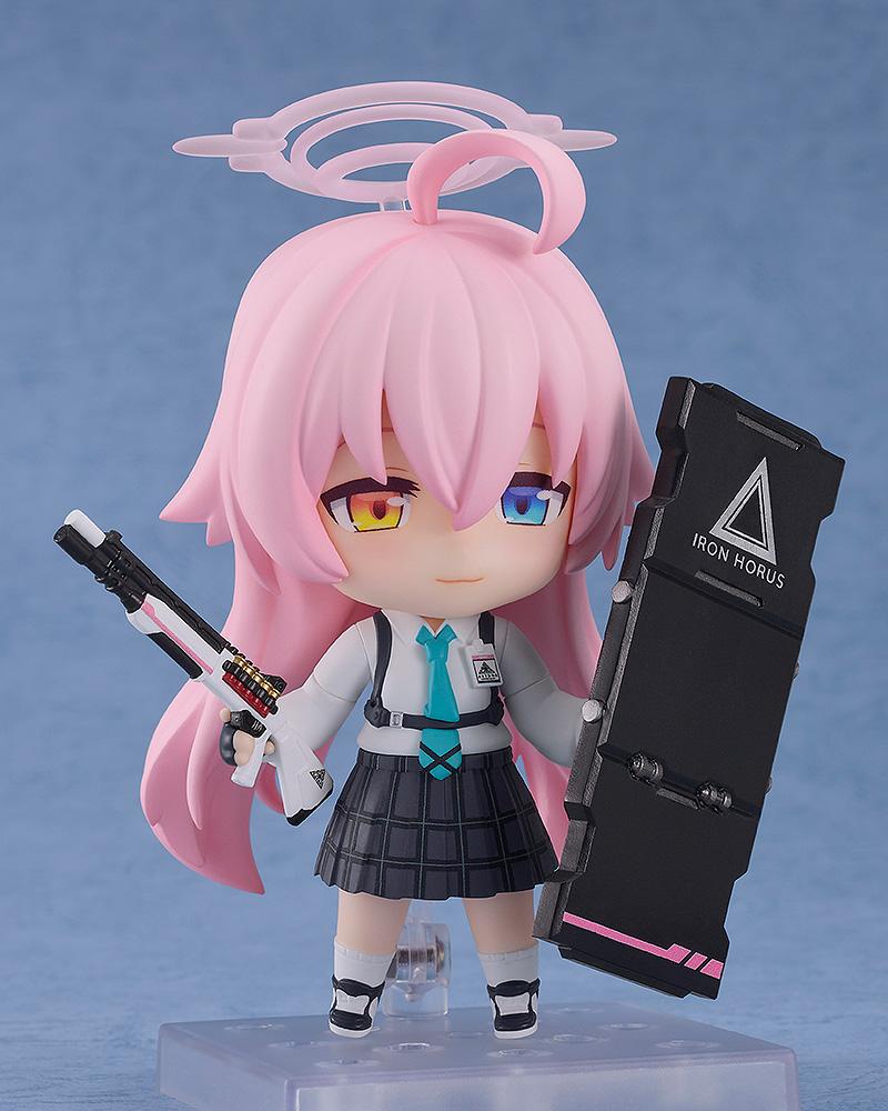 Blue Archive Hoshino Takanashi Nendoroid posed with her shotgun and the Iron Horus tactical shield.