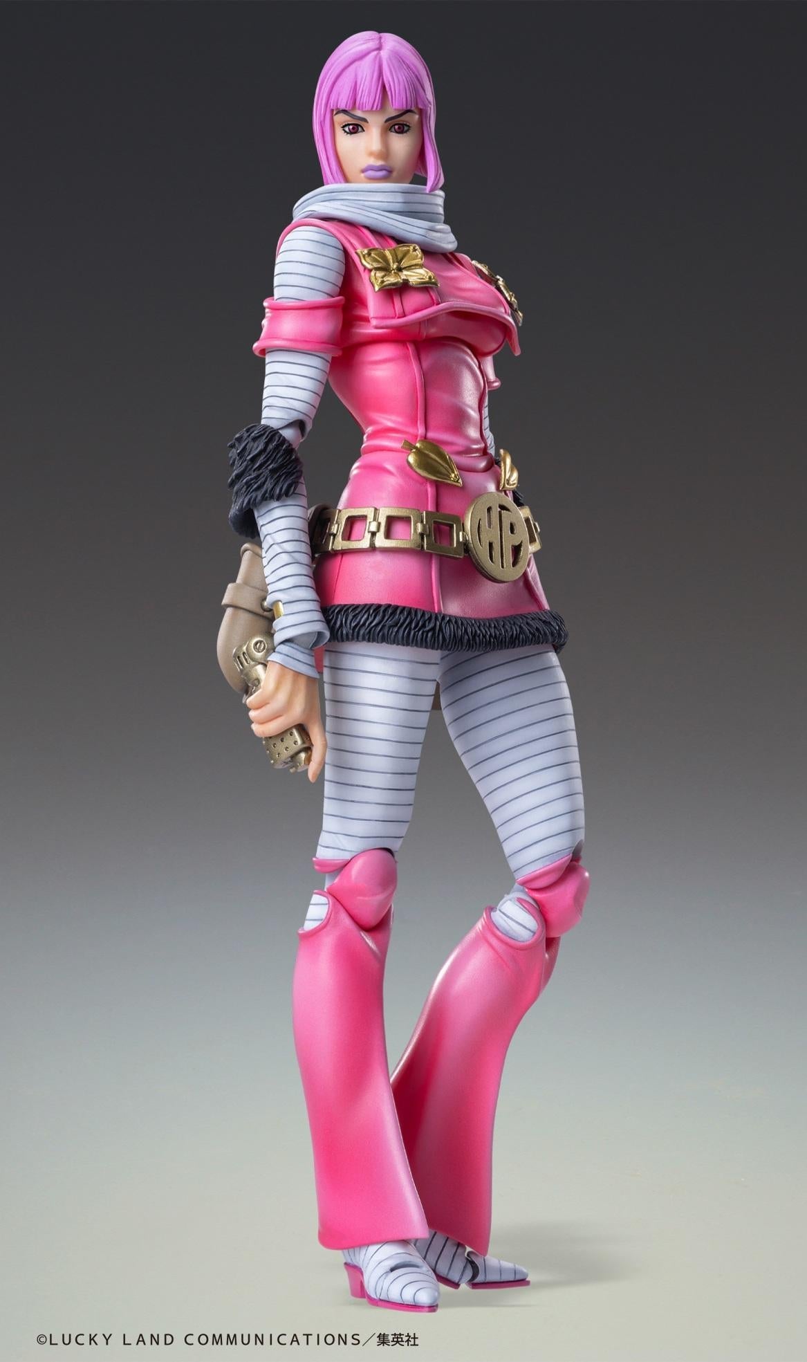 Three-quarter view of Hot Pants from JoJo’s Bizarre Adventure, highlighting her gear and pink hair.