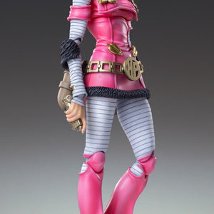 Three-quarter view of Hot Pants from JoJo’s Bizarre Adventure, highlighting her gear and pink hair.