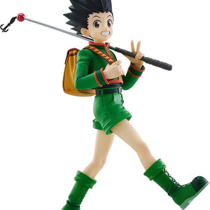 Full-body profile shot of the Hunter x Hunter Gon Freecss Pop Up Parade L size figure carrying his signature fishing rod over his shoulder against a plain white background.