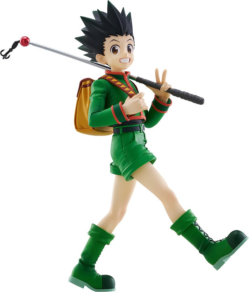 Full-body profile shot of the Hunter x Hunter Gon Freecss Pop Up Parade L size figure carrying his signature fishing rod over his shoulder against a plain white background.