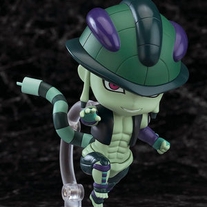Dynamic action pose of the Meruem Nendoroid featuring the interchangeable exhilarated smiling face plate and lunging legs on a clear stand.