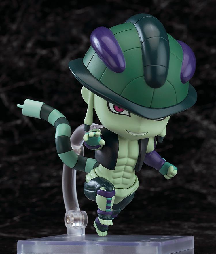 Dynamic action pose of the Meruem Nendoroid featuring the interchangeable exhilarated smiling face plate and lunging legs on a clear stand.