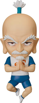 Front view of the Hunter x Hunter Nendoroid Netero action figure in a praying pose with a serious face plate on a white background.