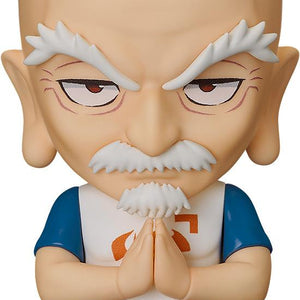 Front view of the Hunter x Hunter Nendoroid Netero action figure in a praying pose with a serious face plate on a white background.
