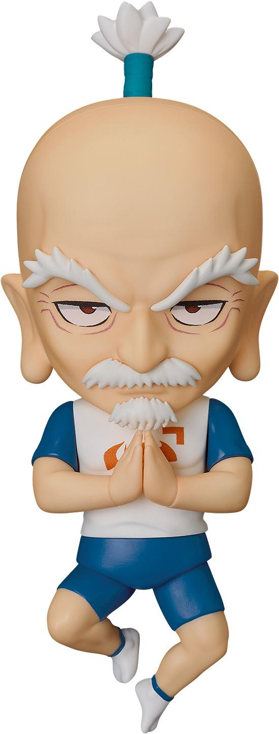 Front view of the Hunter x Hunter Nendoroid Netero action figure in a praying pose with a serious face plate on a white background.