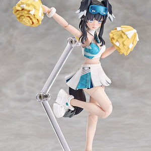 A dynamic action pose of Hibiki cheering with both pom-poms raised and one leg lifted, showcasing multiple points of articulation.