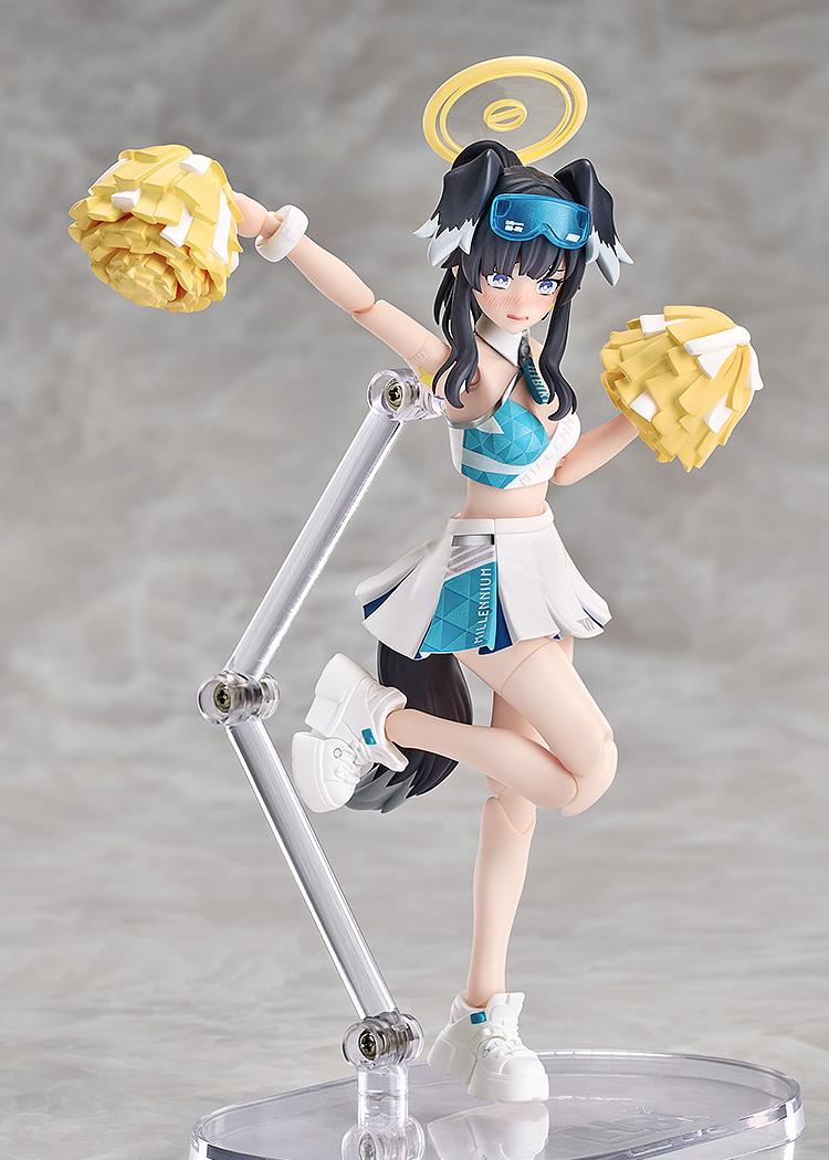 A dynamic action pose of Hibiki cheering with both pom-poms raised and one leg lifted, showcasing multiple points of articulation.
