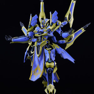 Front view of the Ikaruga transformed into firing mode with all four sub-arms and cannons extended outward.