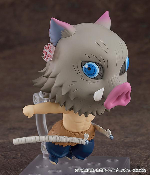 Action pose of Inosuke Hashibira Nendoroid featuring the red anger effect accessory on his boar mask.
