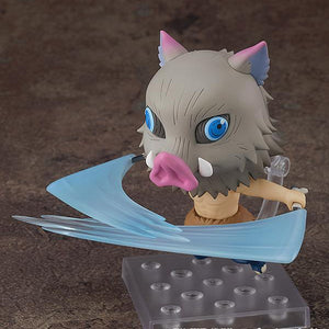 Inosuke Nendoroid utilizing the blue Beast Breathing sword slash effect parts with his dual Nichirin Swords.