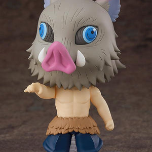Inosuke Hashibira Nendoroid in a pointing pose, showcasing his muscular torso and fur-lined pants.