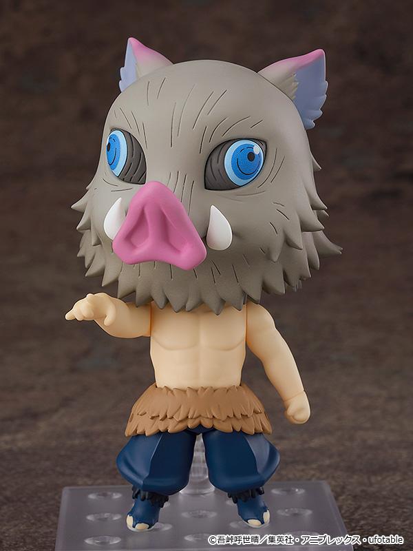 Inosuke Hashibira Nendoroid in a pointing pose, showcasing his muscular torso and fur-lined pants.