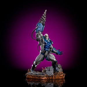 The Iron Studios Apocalypse X-Men 1/10 scale statue, illuminated against a dramatic purple and black background, emphasizing his imposing figure.