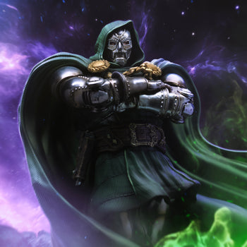 A digital diorama shot of the Doctor Doom statue, placing him against a vibrant purple and green cosmic background, emphasizing his power.