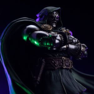 A close-up of Doctor Doom's mask and upper body armor, lit with dramatic green and purple light to emphasize his menacing presence.