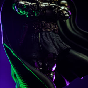 A close-up of Doctor Doom's lower torso, focusing on the dark green fabric of his tunic, his ornate belt, and the armored gauntlets.