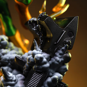 A detailed close-up of the industrial diorama base, showing metallic wreckage surrounded by sculpted white smoke and lightning.