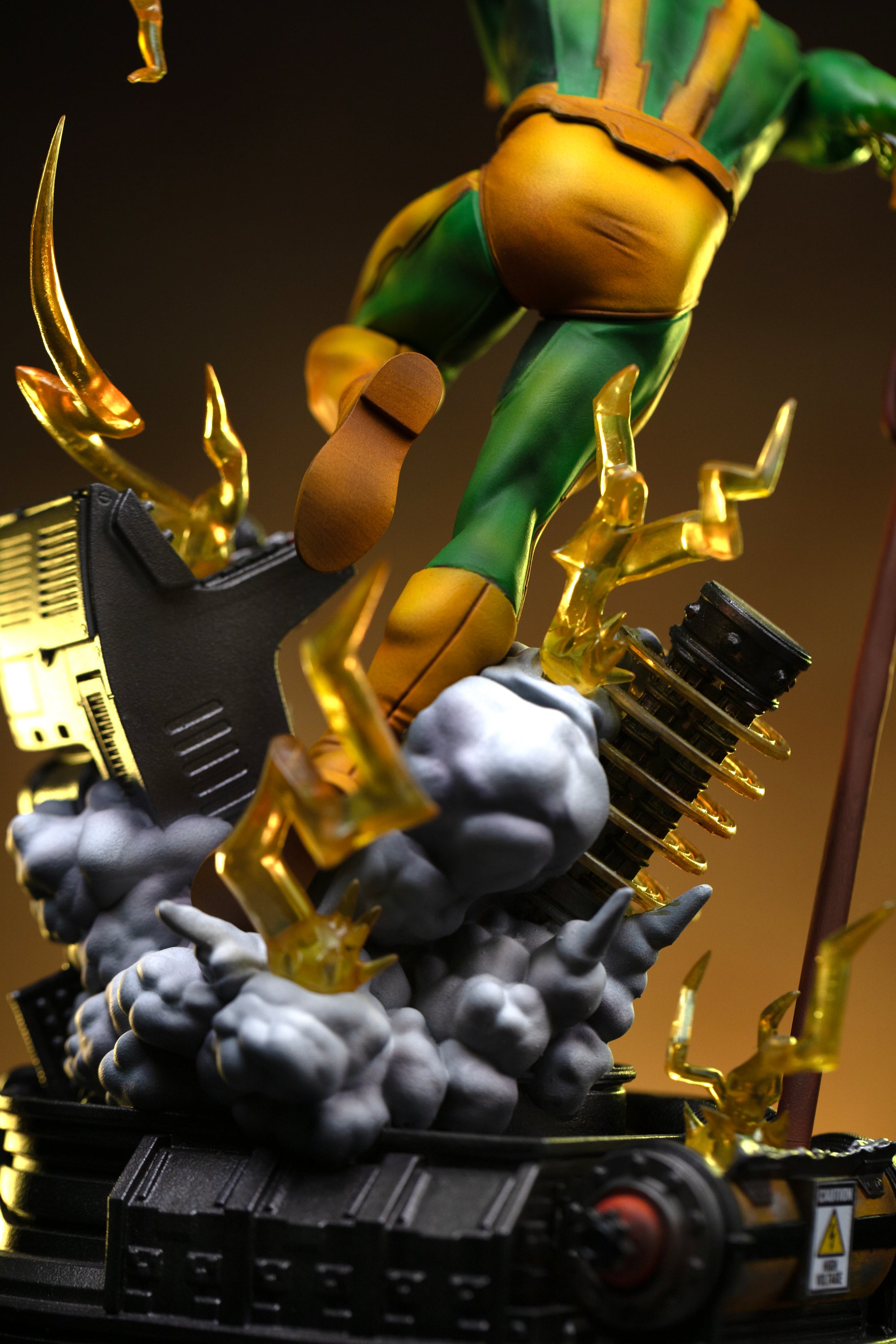 A low-angle close-up of Electro's feet on the base, surrounded by sculpted smoke and crackling yellow lightning effects.