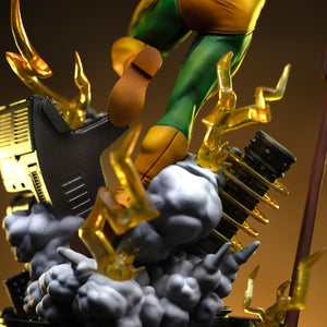 A low-angle close-up of Electro's feet on the base, surrounded by sculpted smoke and crackling yellow lightning effects.