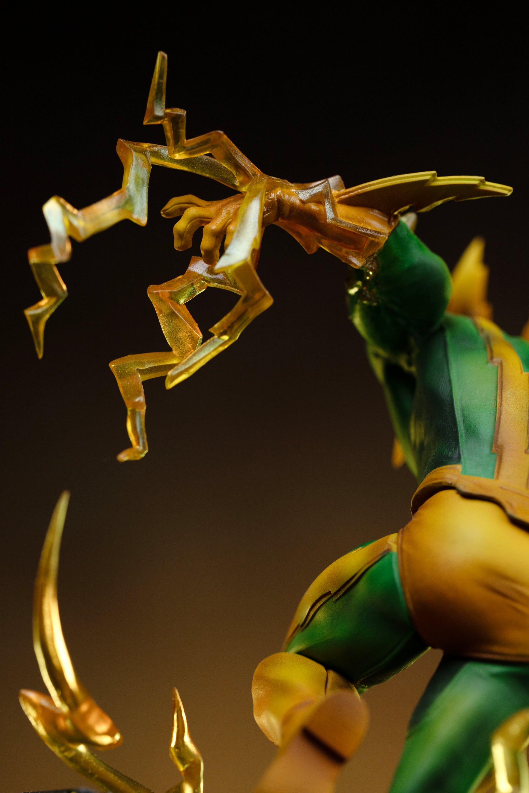 A close-up of Electro's arm, focusing on the translucent yellow lightning sculpted around his hand, ready to strike.
