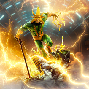 A digital diorama shot of the Electro statue, emphasizing the full figure, industrial base, and intense lightning effects.