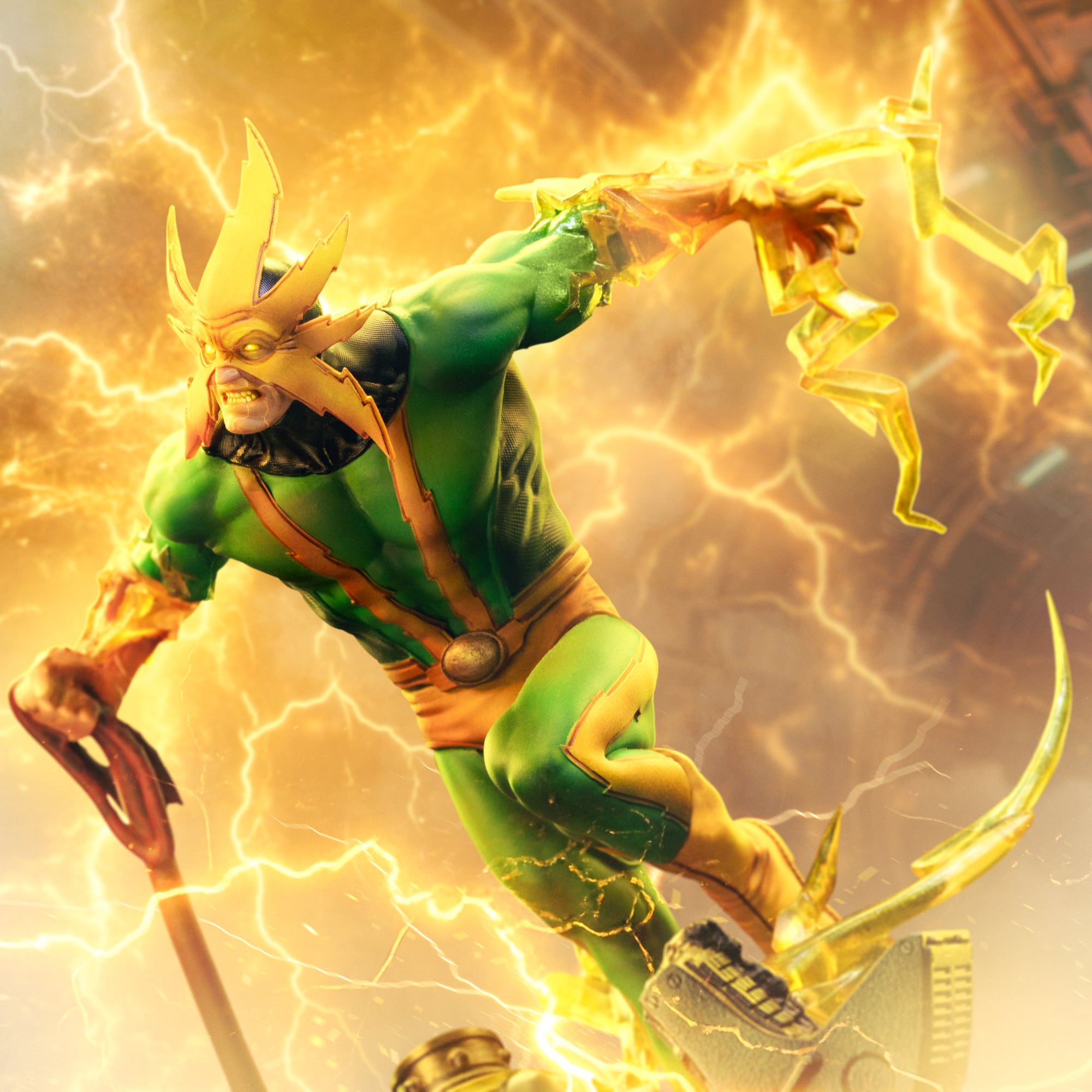 A digital action shot of the Electro statue, dramatically lit with a powerful, yellow electric glow against a futuristic background.