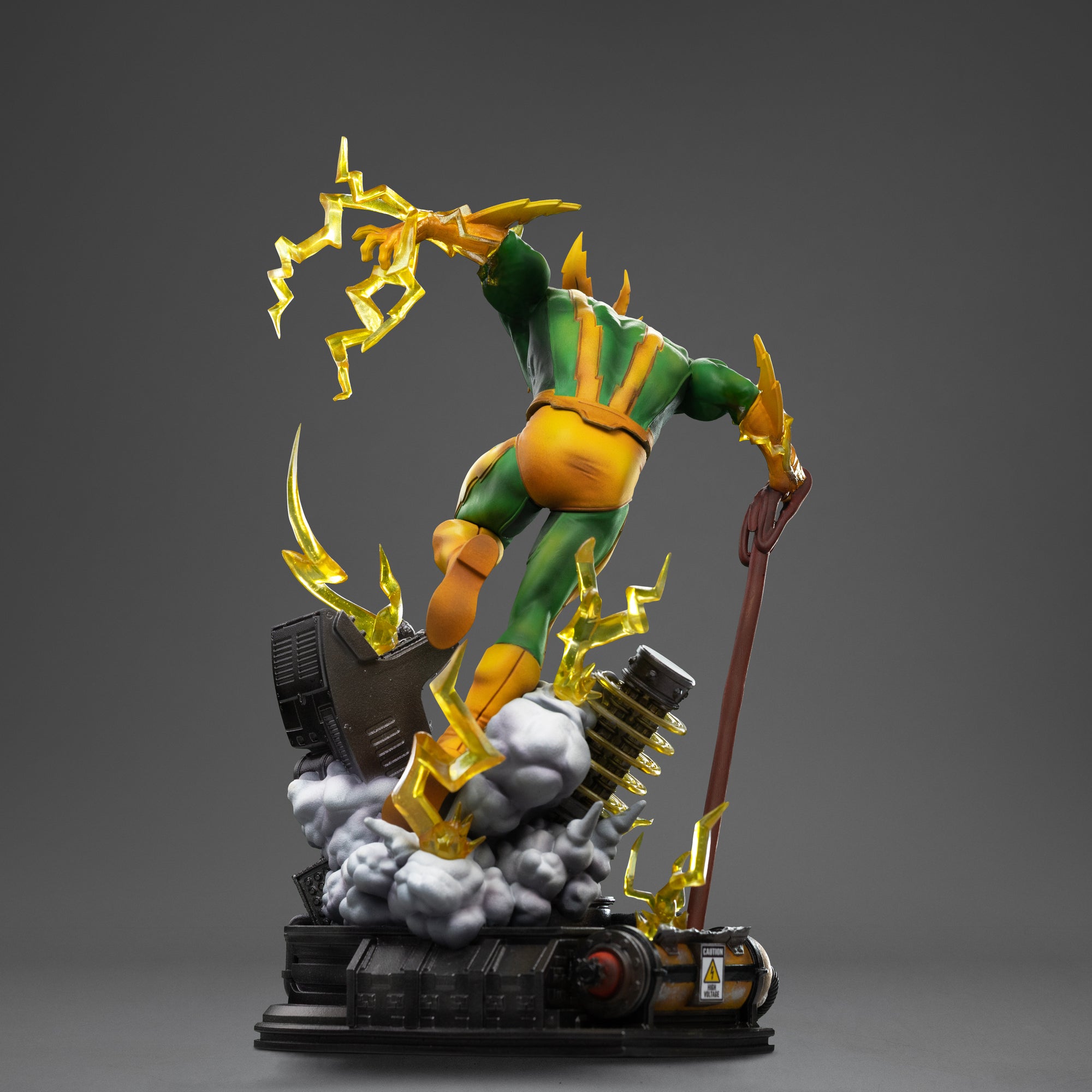 Rear view of the Electro statue, showcasing the lightning effects emanating from his hands and feet as he attacks.