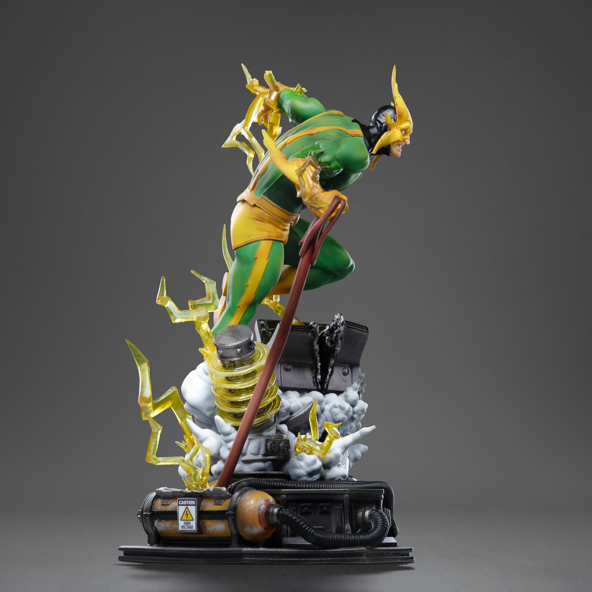 Side profile of the Electro statue, emphasizing the dynamic pose, the lightning effects, and the industrial base components.
