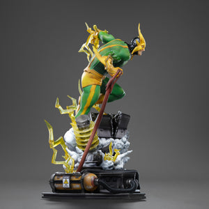 Side profile of the Electro statue, emphasizing the dynamic pose, the lightning effects, and the industrial base components.