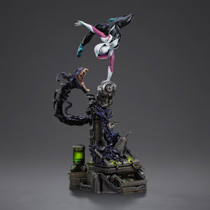 Full front view of the Iron Studios Ghost-Spider 1/10 Scale Statue, showing Gwen Stacy balanced on one hand above a venomized tendril.