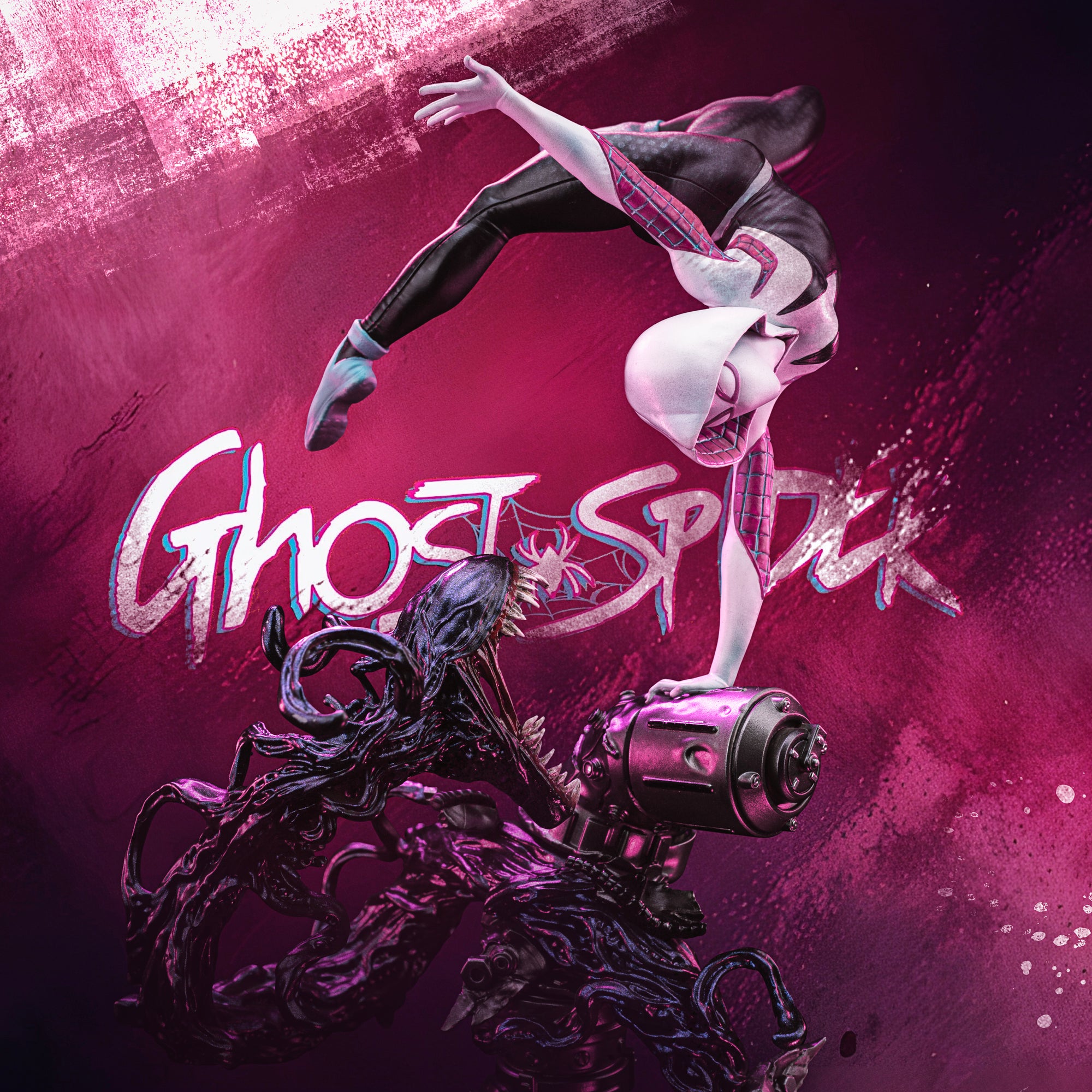 A promotional color image of the Ghost-Spider statue against a dynamic, pink and magenta background with the title overlaid.