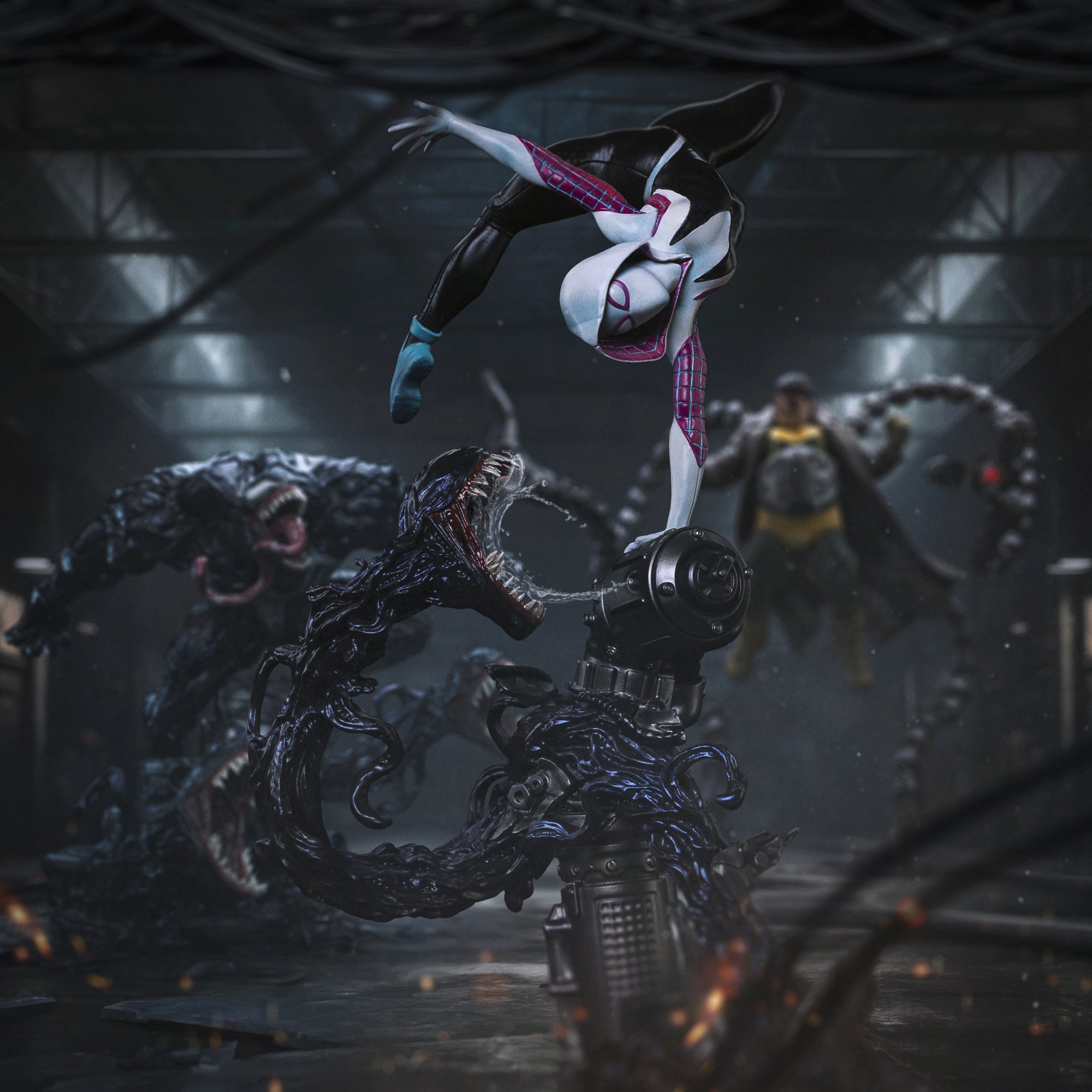 A digital diorama shot of the Ghost-Spider statue, showing her fighting multiple symbiote enemies with Doctor Octopus visible in the background.