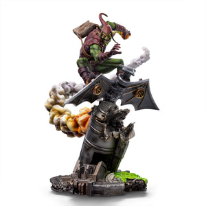 Iron Studios Green Goblin BDS Art Scale 1/10 statue featuring Norman Osborn on a Goblin Glider with smoke effects, full body view on white background.