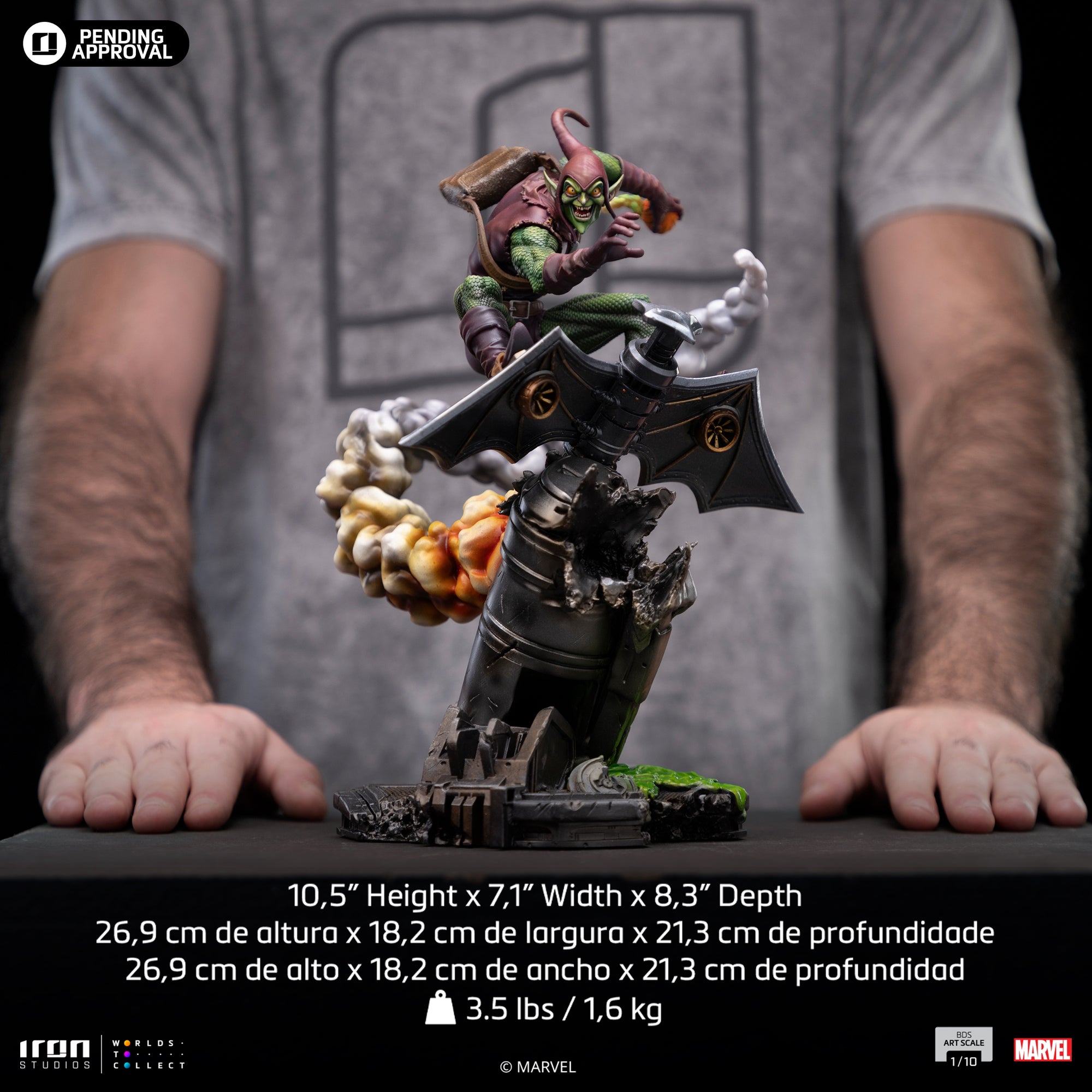Size comparison and dimensions graphic for Green Goblin statue: 10.5 inches tall by 7.1 inches wide by 8.3 inches deep, weighing 3.5 lbs.