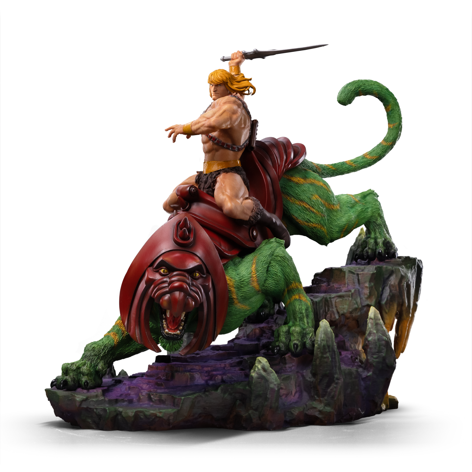 Side profile view of the He-Man riding Battle Cat 1/10 scale deluxe statue by Iron Studios, displayed against a solid black background.