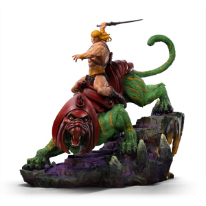 Side profile view of the He-Man riding Battle Cat 1/10 scale deluxe statue by Iron Studios, displayed against a solid black background.