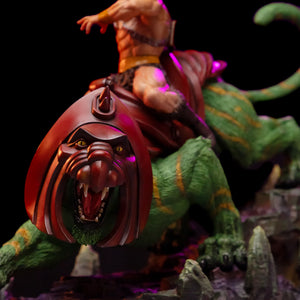 Close-up of Battle Cat's armored head on the Iron Studios 1/10 scale statue, highlighting his fierce fangs, green fur, and dark red helmet.