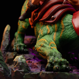 Close-up of Battle Cat's muscular front leg with yellow stripes and sharp claws, resting on the detailed ancestral rock base of the 1/10 scale statue.