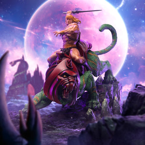 Masters of the Universe He-Man and Battle Cat deluxe statue showcased with a cinematic purple planet and starry space background.