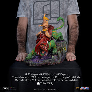 Size reference photo showing a person standing behind the 12.2-inch tall He-Man and Battle Cat 1/10 scale statue, with dimensions listed in inches and centimeters.