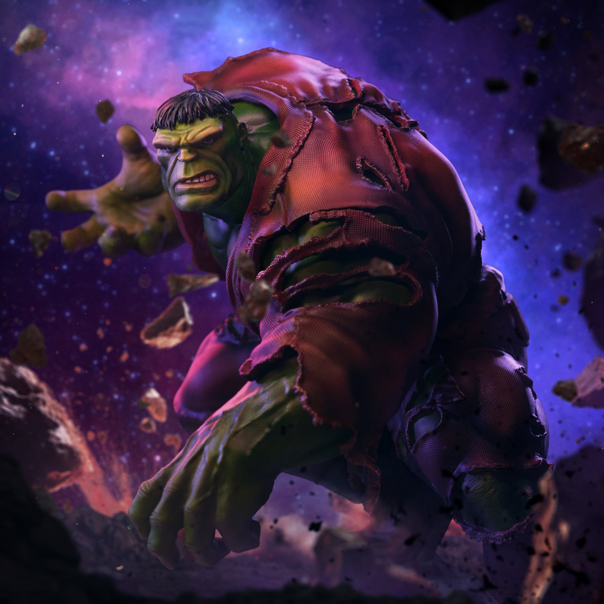 A digital diorama shot of the Hulk statue, set against a vivid purple cosmic background with floating space debris.